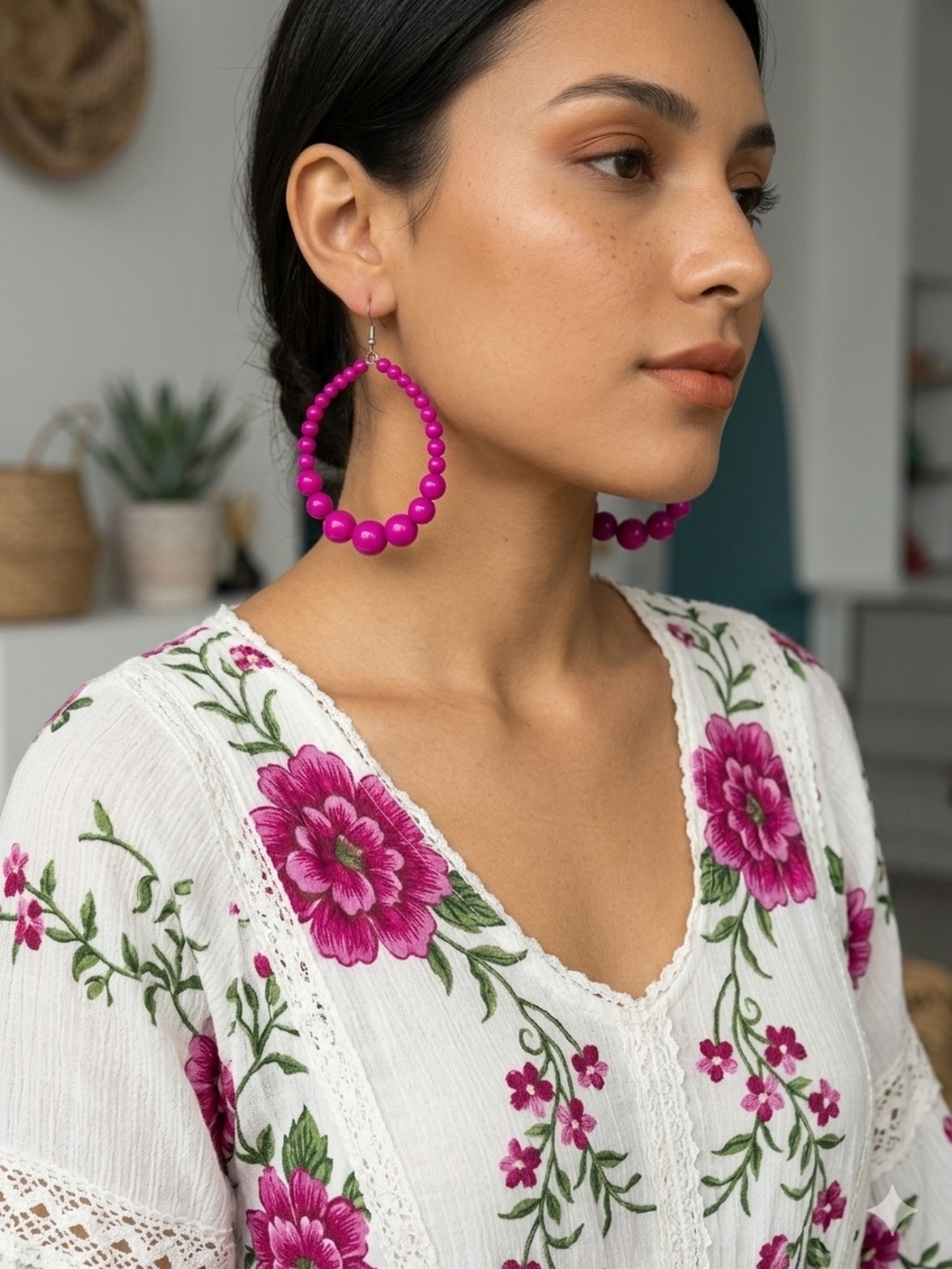 Bold Magenta Beaded Hoop Earrings - Women Jewelry - Picture 2 of 3
